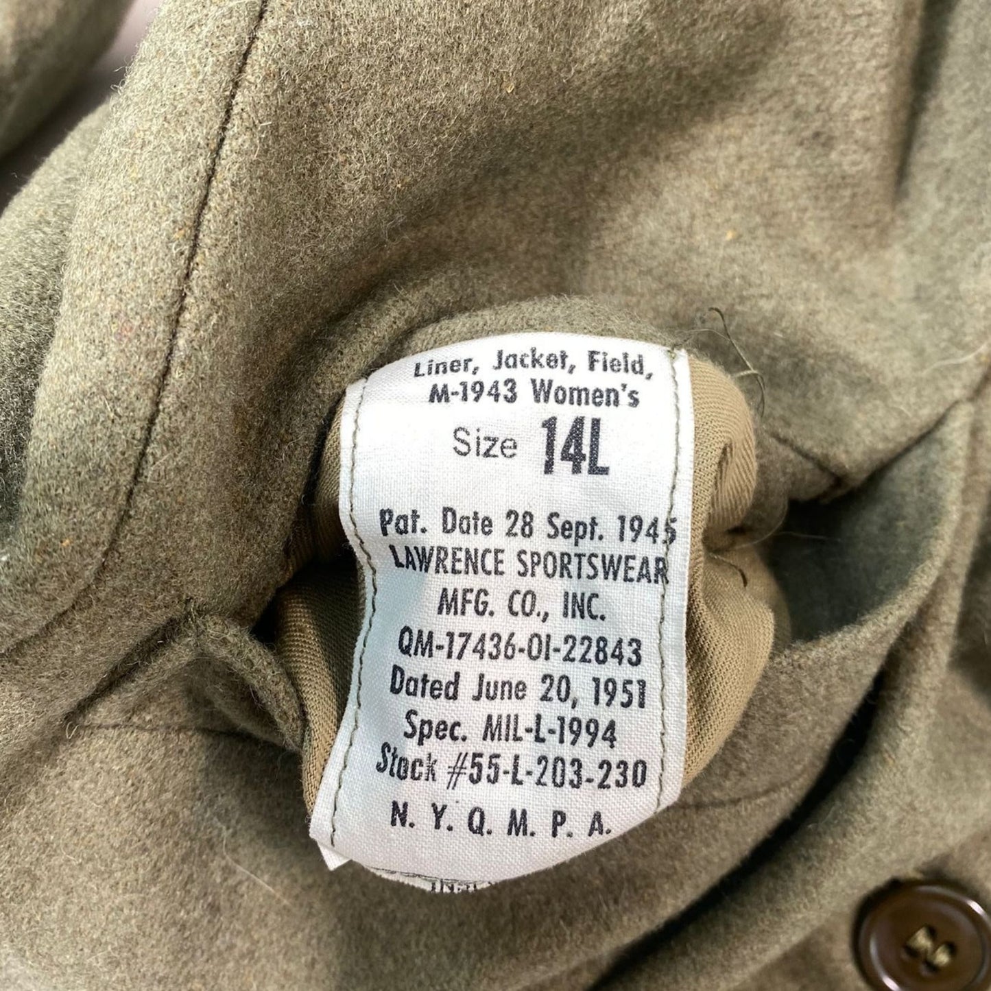 WW2 M1943 Liner (pile), Woman's Field Jacket - size 14L