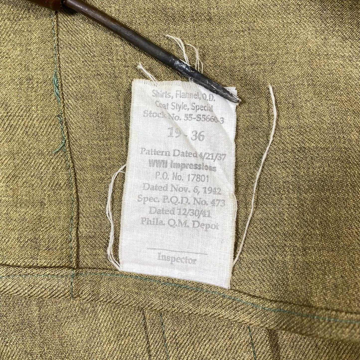 WW2 Special Coat Style Olive Drab Flannel Shirt, size 19 x 36 - early war