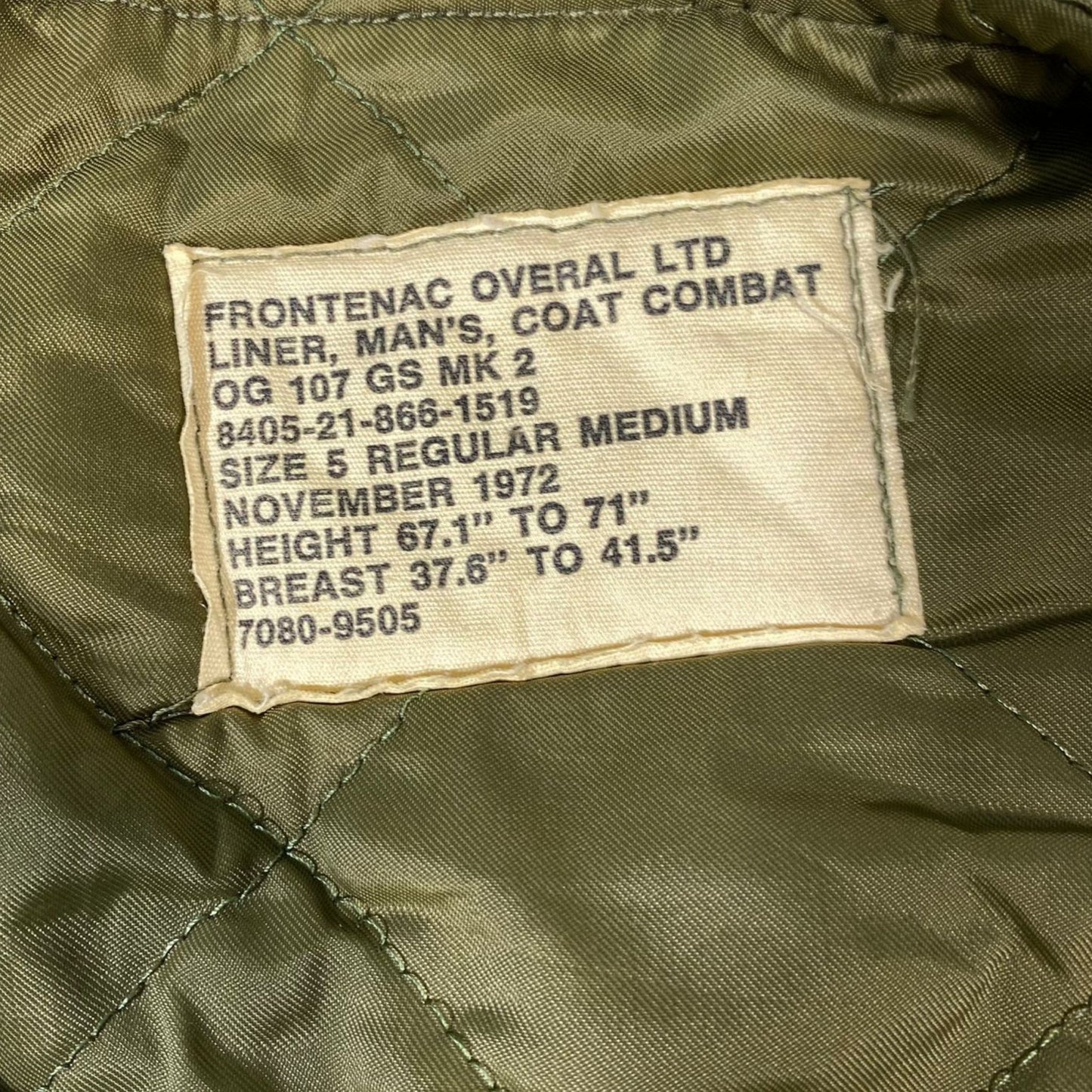 Canadian Army GS Combat Coat Liner, size MR - 1972