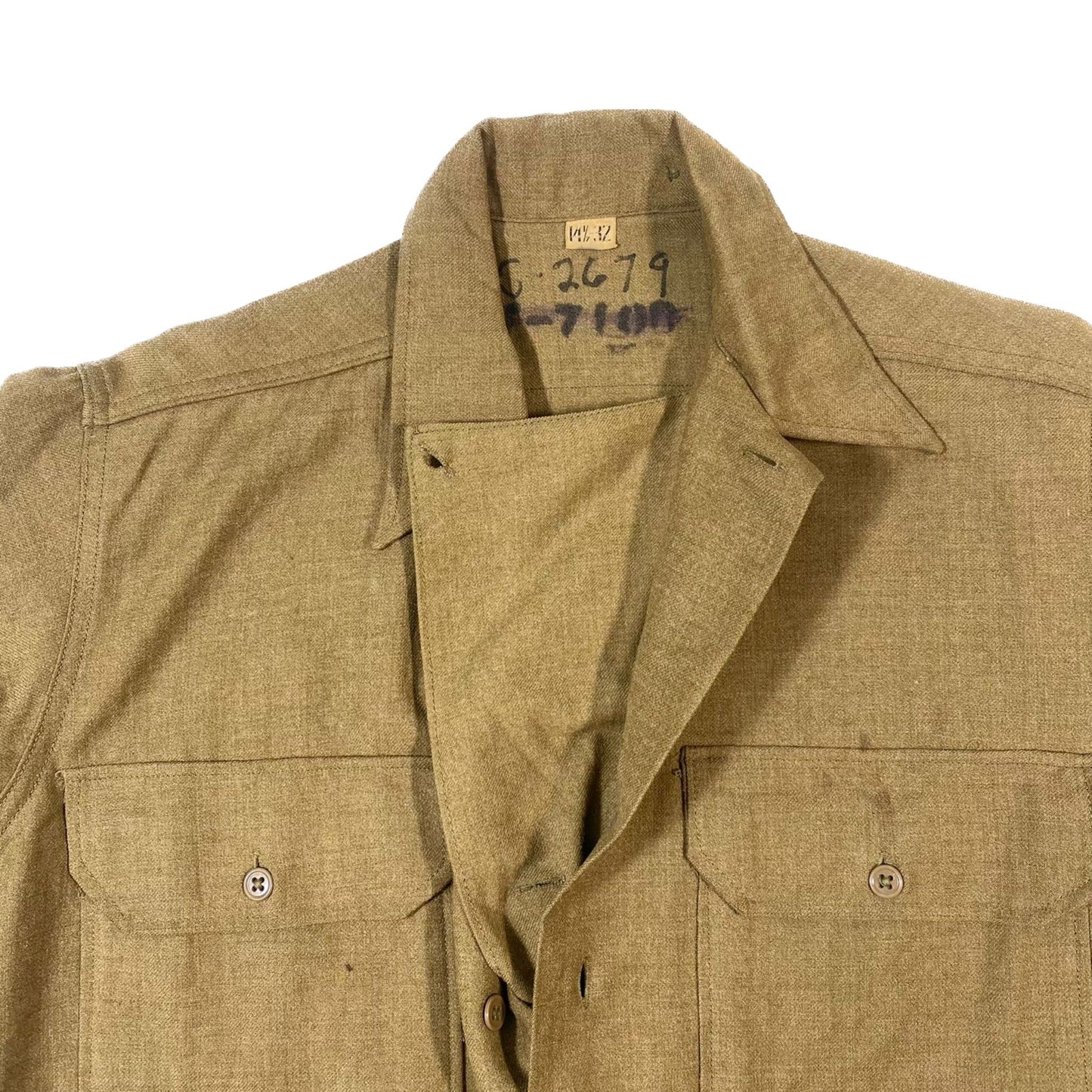 WW2 Special Coat Style Olive Drab Flannel Shirt, size 14 1/2 x 32 - late war
